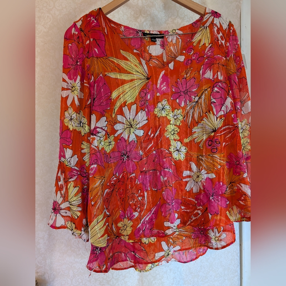 Sara Michelle Top Sz. Large Bright Orange Floral - Picture 3 of 16